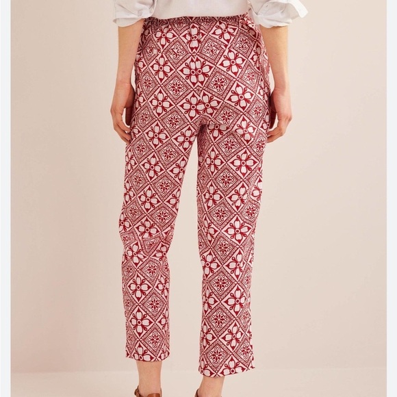 BODEN PULL ON LINEN TROUSER Pant Poinsettia Red Block Pome Mid Rise Sz 10 - Picture 1 of 16